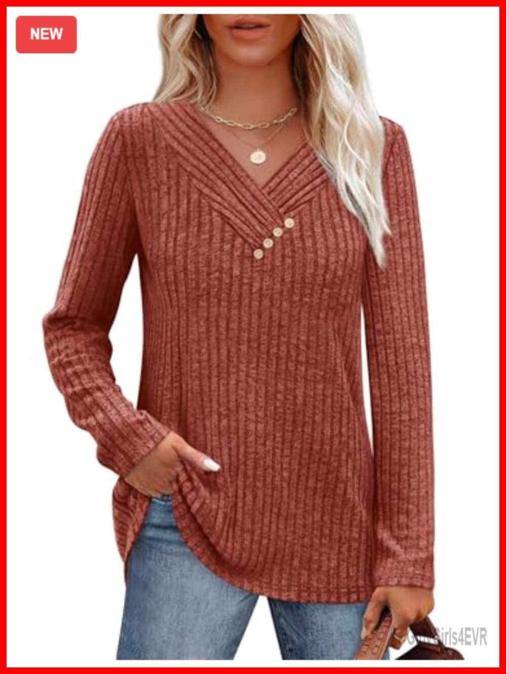 Women's V-Neck Long Sleeve Sweater with Decorative Buttons Loose Fit Tunic Top
